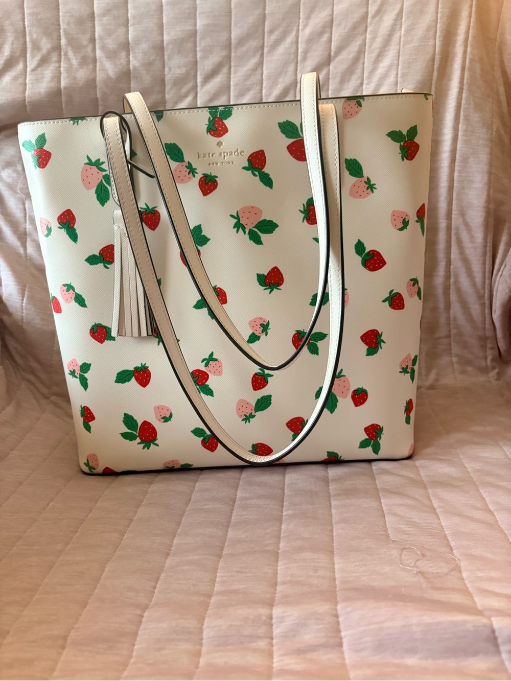 kate spade White Strawberry Print Tote with Red and Pink Accents - Picture 4 of 6